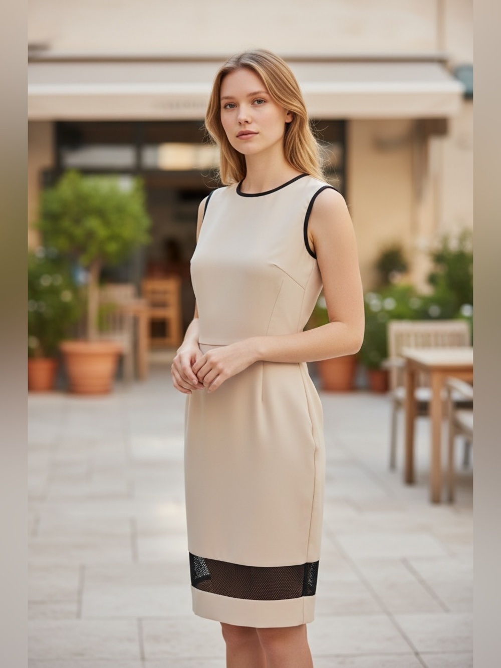 Sandra Angelozzi Cream Sleeveless Sheath Dress with Black Mesh Hem - Size 30